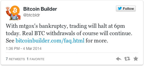 GOXBTC Trading Platform Bitcoin Builder to Halt Trading Tuesday