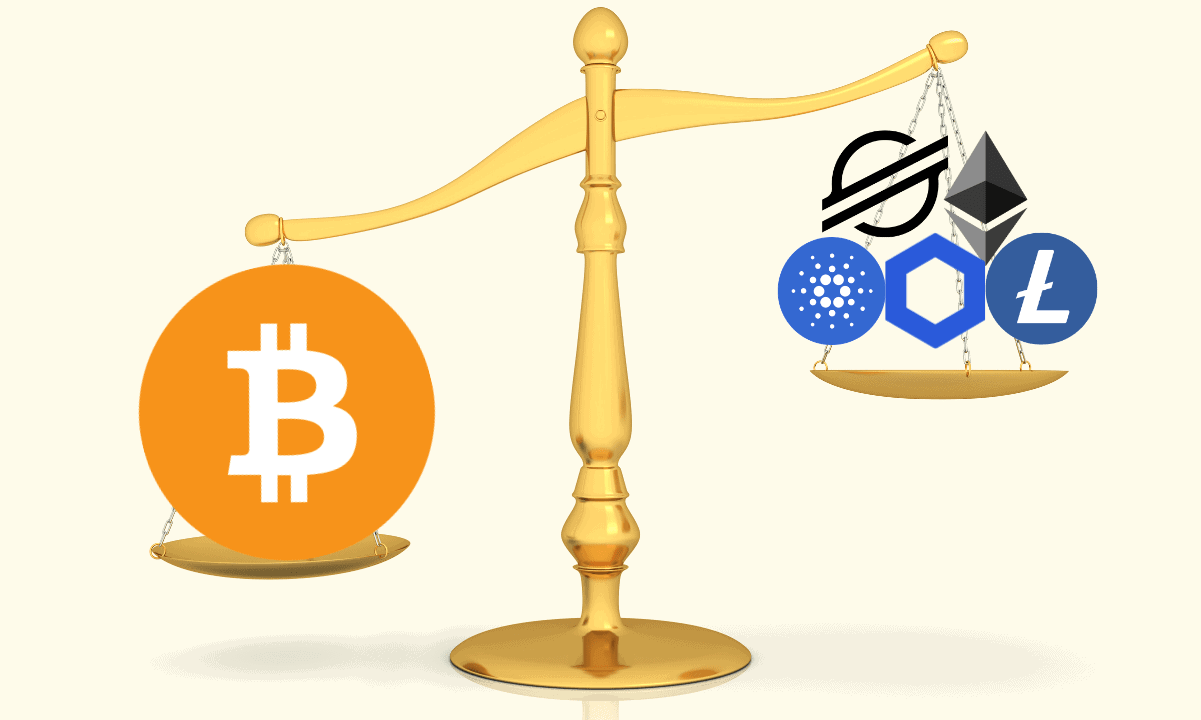 Picture of a scale with bitcoin on one end and altcoins on the other, depicting BTC dominance