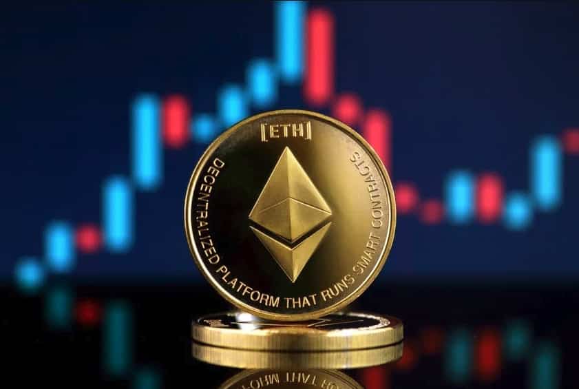 An ethereum coin standing in front of a candlestick chart