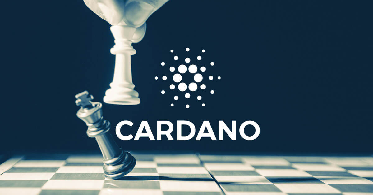 Picture of a hand playing chess with Cardano and its logo on top of it