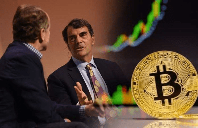 Picture of Tim Draper talking to a show host, with a bitcoin and chart lines next to him