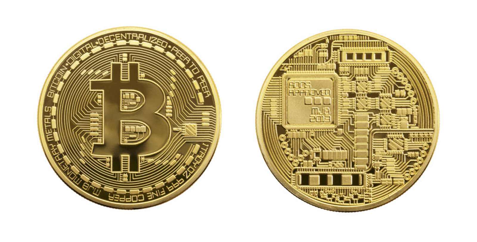 Picture of a gold bitcoin showing the front and back of the coin