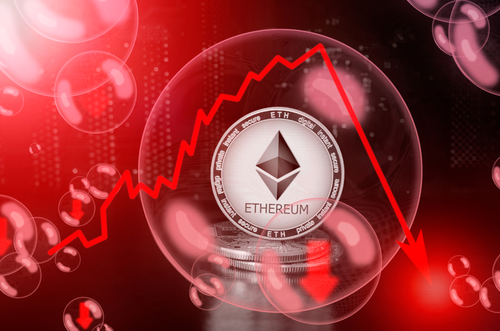 Picture of an Ethereum coin with red downward trendlines behind it