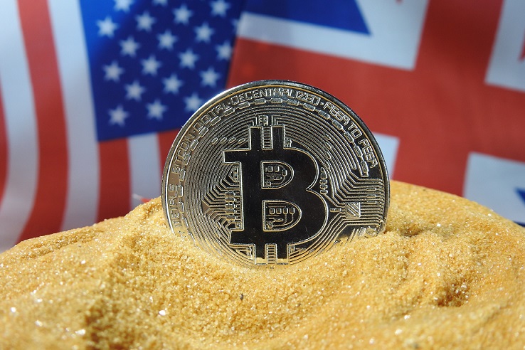 pound sterling, bitcoin in front of UK and USA flags
