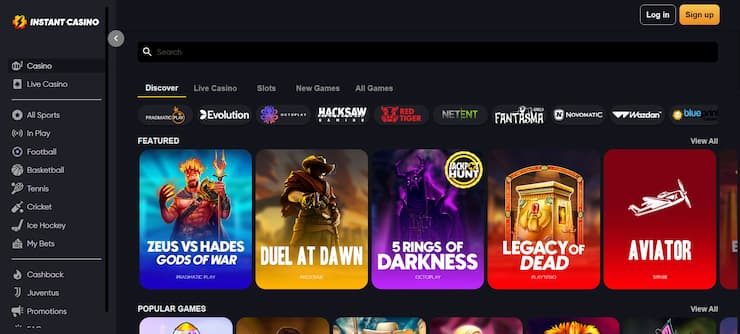 The game lobby at no verification Instant Casino.