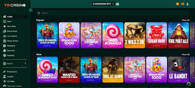 TG.Casino offers a big game selection for players who want to gamble without verification.