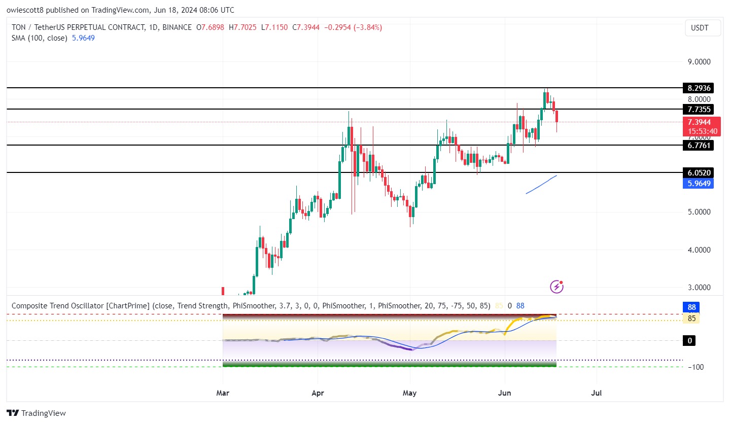 Potential Downtrend In Play? TON Struggles As Price Falls Below $7.7