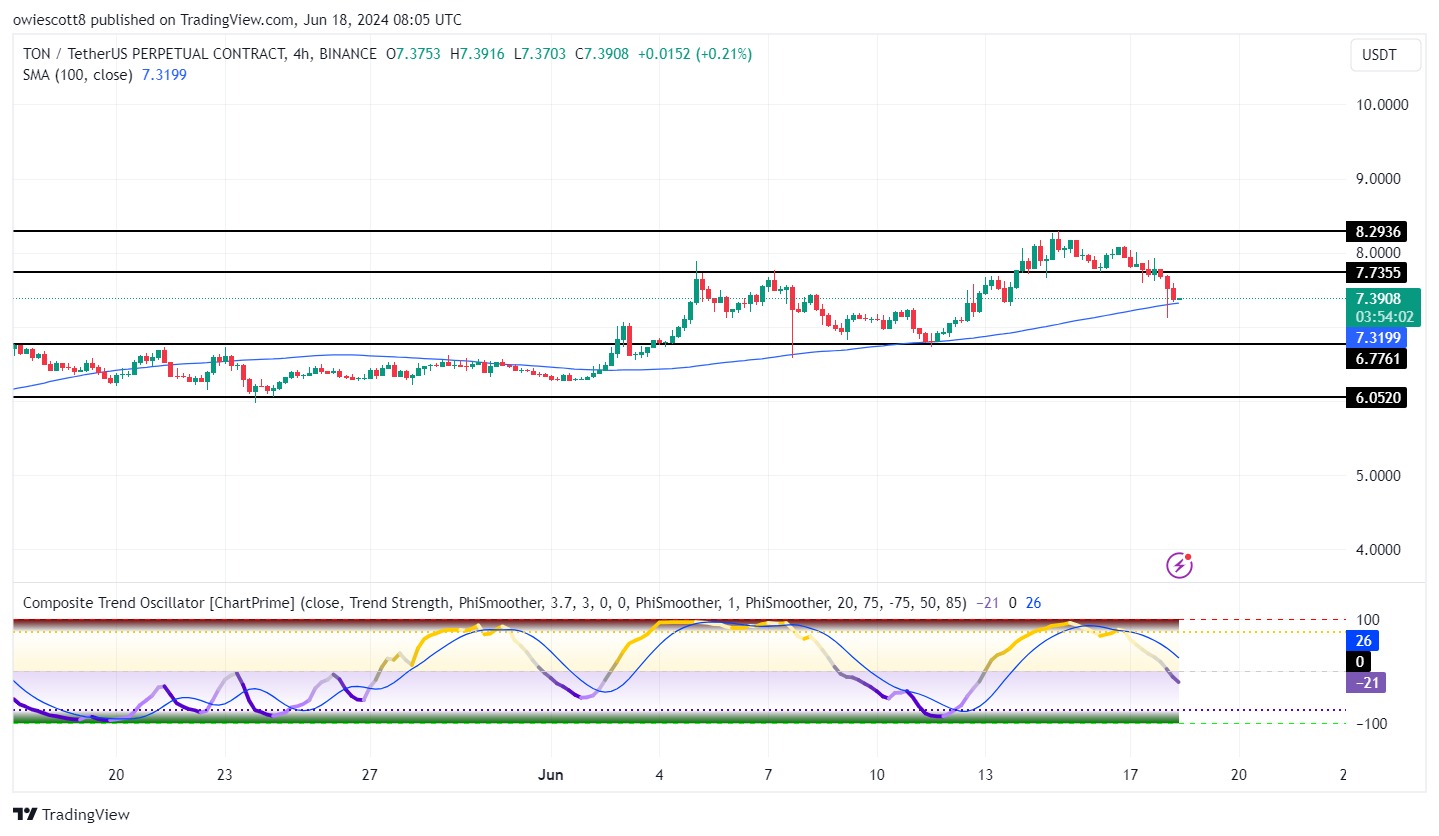 Potential Downtrend In Play? TON Struggles As Price Falls Below $7.7