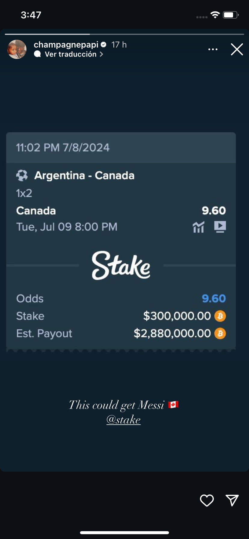 Drake Loses Bitcoin Bet Following Canada’s Copa America Exit, ARG Fan Token Soars 40%