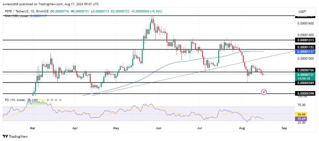 Der PEPE-Verkaufsdruck steigt, da der Preis unter die Unterstützung von 0,00000766 USD fällt