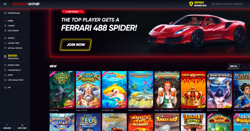 QuickWin Casino homepage showcasing their AU$4000 + 200 Free Spins welcome bonus and selection of popular online casino games in Australia