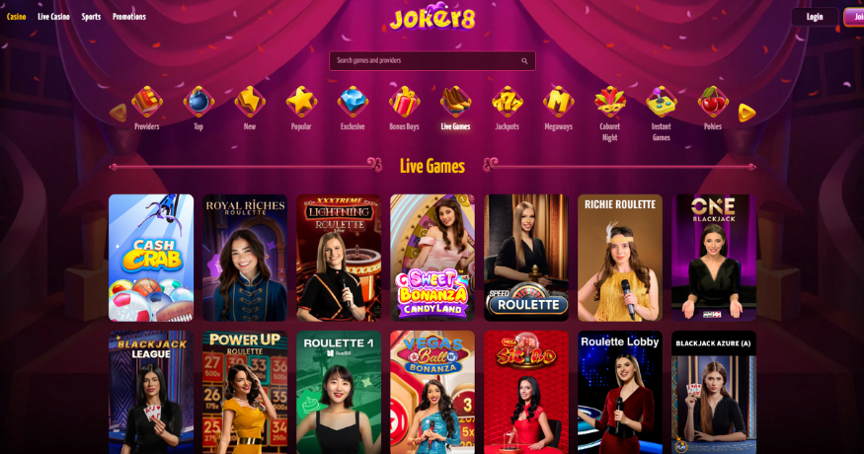 Joker8 Casino homepage showcasing their AU$1500 + 150 Free Spins welcome bonus and a diverse selection of top online casino games in Australia