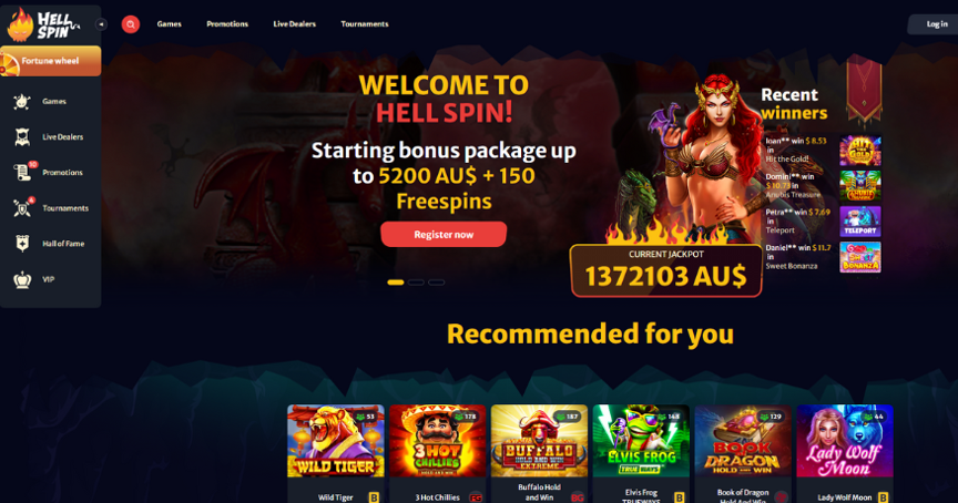 Hellspin Casino homepage featuring their AU$5200 + 150 Free Spins welcome offer and an array of enticing online casino games for Aussie gamblers