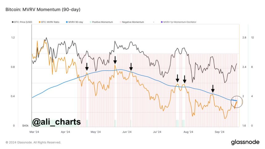 Bitcoin MVRV Momentum suggests a potential return to bullish territory. 