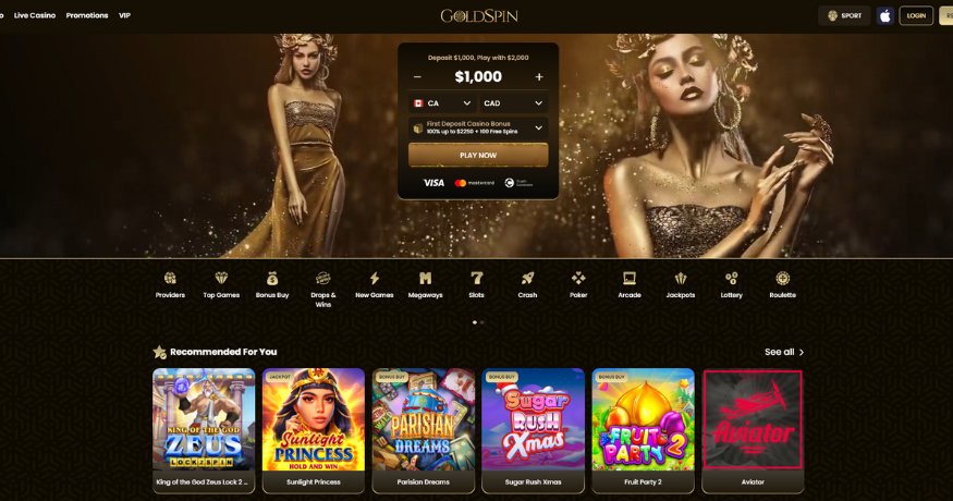 Página de inicio de Gold Spin Casino presentando su oferta de bienvenida de 2250 CAD + 100 Giros Gratis y una gama de atractivos juegos de casino en línea para los jugadores canadienses