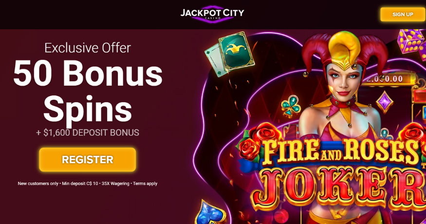 Página de inicio de JackpotCity Casino mostrando su bono de bienvenida de C$1,800 + 300 Giros Gratis y una selección de populares juegos de casino en línea en Canadá