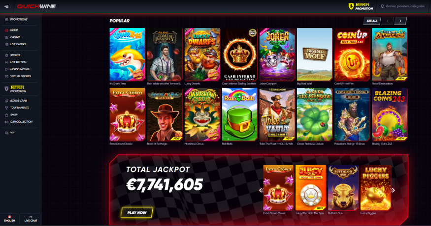 Página de inicio de QuickWin Casino mostrando su bono de bienvenida de C$4000 + 200 Giros Gratis y una diversa selección de los mejores juegos de casino en línea en Canadá