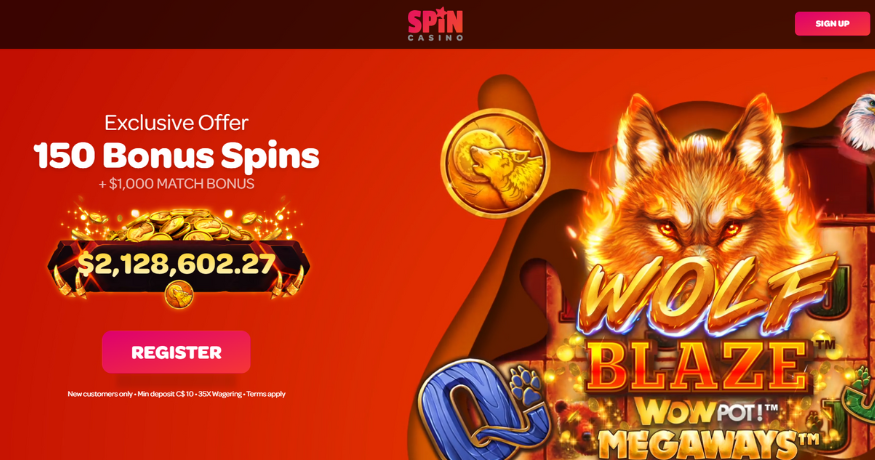 Página de inicio de Spin Casino mostrando su oferta de C$1000 + 150 Giros Gratis y una variedad de emocionantes juegos de casino en línea para jugadores canadienses