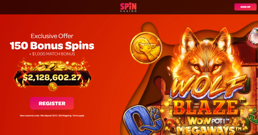 Spin Casino homepage displaying their C$1000 + 150 Free Spins offer and a variety of exciting real money casino games for Canadian players