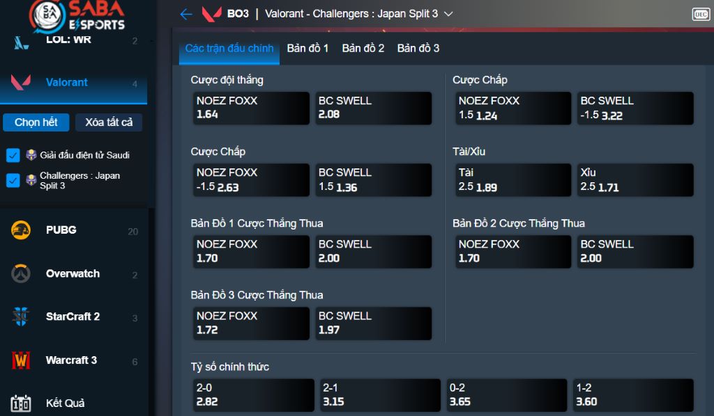 Bảng kèo cược Valorant tại nhà cái trực tuyến
