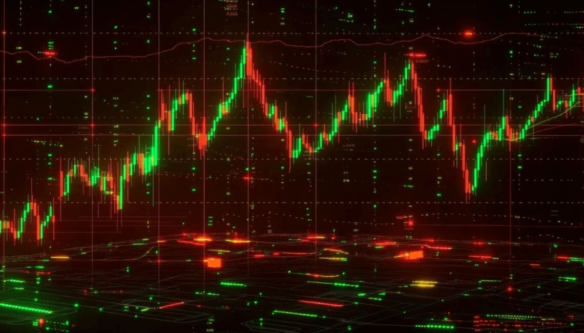 黒い背景に赤と緑のローソク足チャートが表示され、3D空間に浮かぶように配置されている。