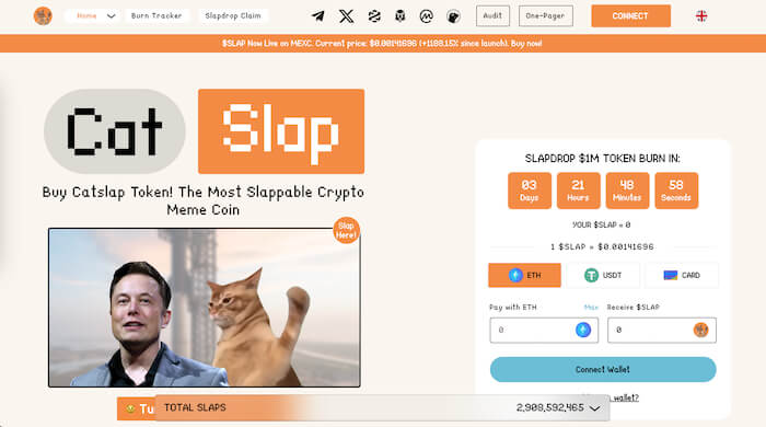 Catslap homepage with Elon Musk