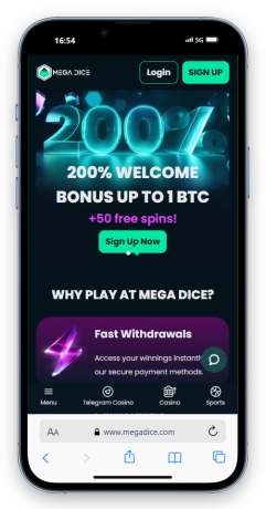 Mega Dice Mobile Homepage