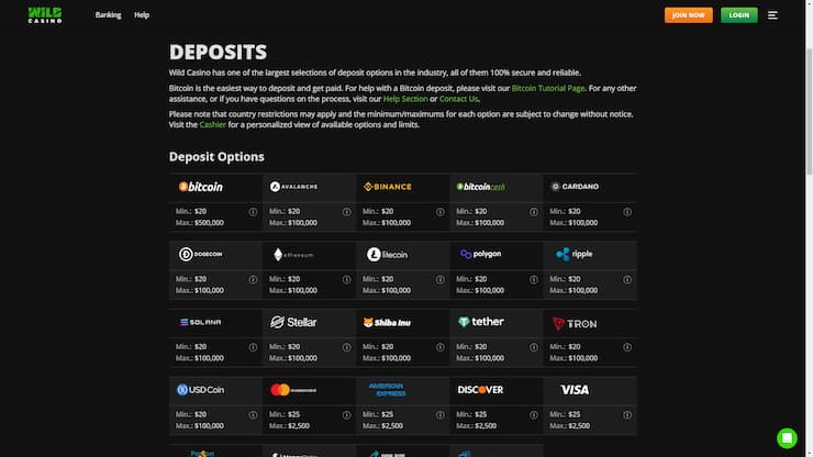 wild casino has 16 crypto and 4 credit card deposit methods