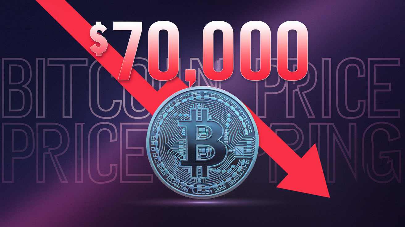 A digital artwork of a Bitcoin with a huge red "70,000" dropping down from the top. The Bitcoin is in the middle of the screen, and there's a large red arrow pointing downwards. The background is a dark purple gradient with white text that says "Bitcoin price dropping".