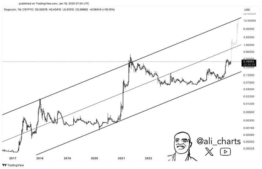 Dogecoin trading inside a multi-year ascending parallel channel | Souce: Ali Martinez on X