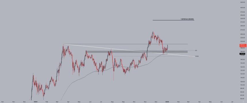 Solana volvió a probar la línea de tendencia y el soporte horizontal en 180 USD 