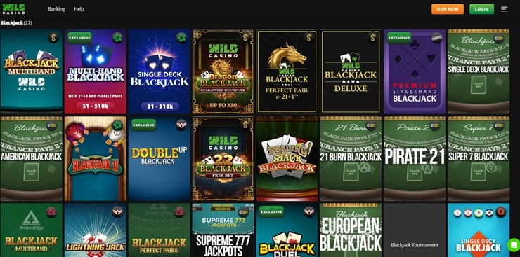 wild casino blackjack selection