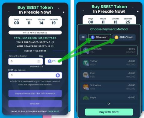 Crypto payment options for buying $BEST token