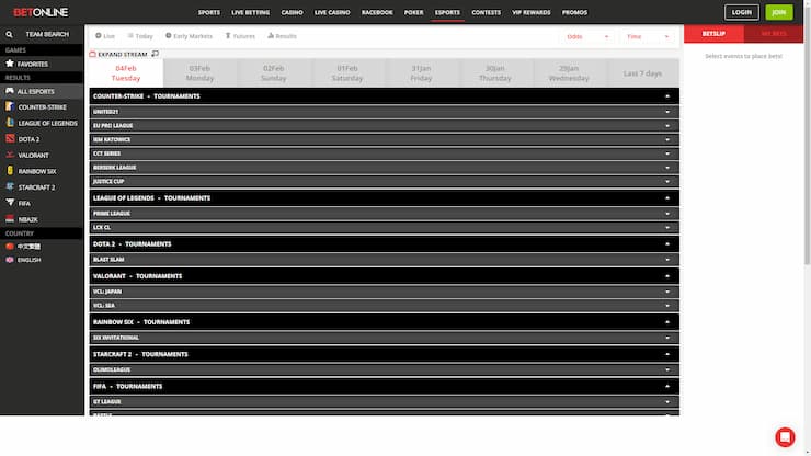 BetOnline Esports betting page
