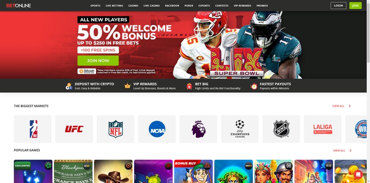 betonline casino homepage with bonus and games