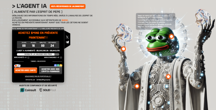 Imagen de la preventa del memecoin $MIND, Mind of Pepe