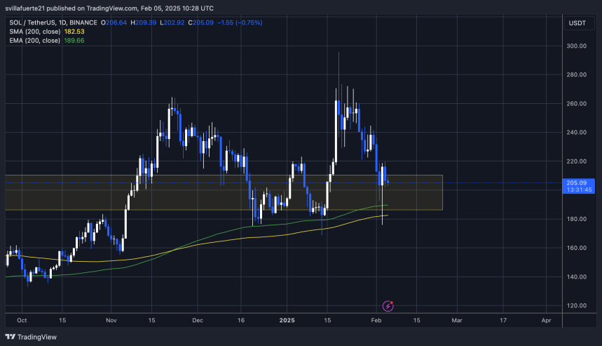 SOL probando la demanda por encima de 200 dólares | Fuente: gráfico SOLUSDT en TradingView