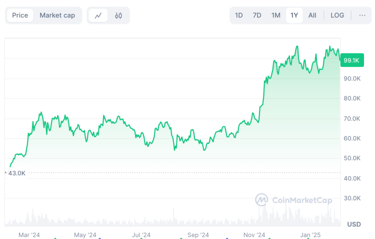 Bitcoin koersstijging afgelopen jaar - Bron: Coinmarketcap