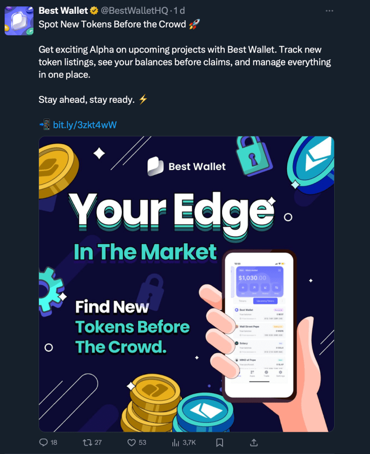 Upcoming Tokens feature van Best Wallet - Bron: X post