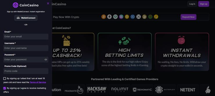 Creating an account at CoinCasino