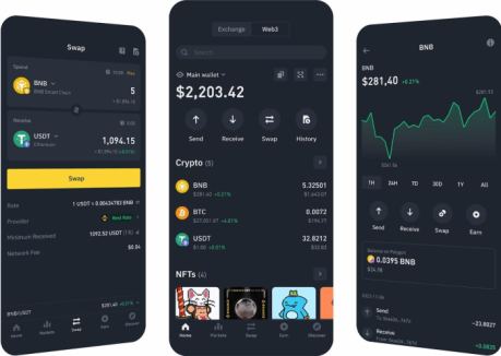 Binance’s non-custodial hot wallet app interface