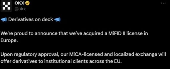 Burza OKX získala licenci MiFID II v Evropě.