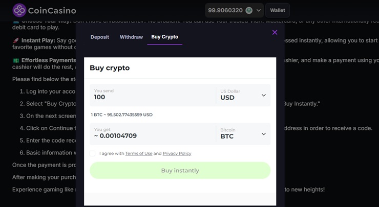 screenshot of coincasino buy crypto feature so you can earn crypto playing games