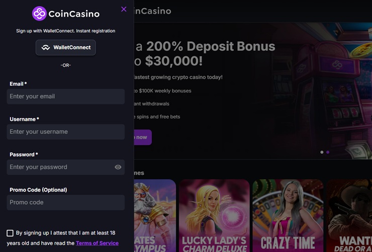 screenshot of coincasino sign up form